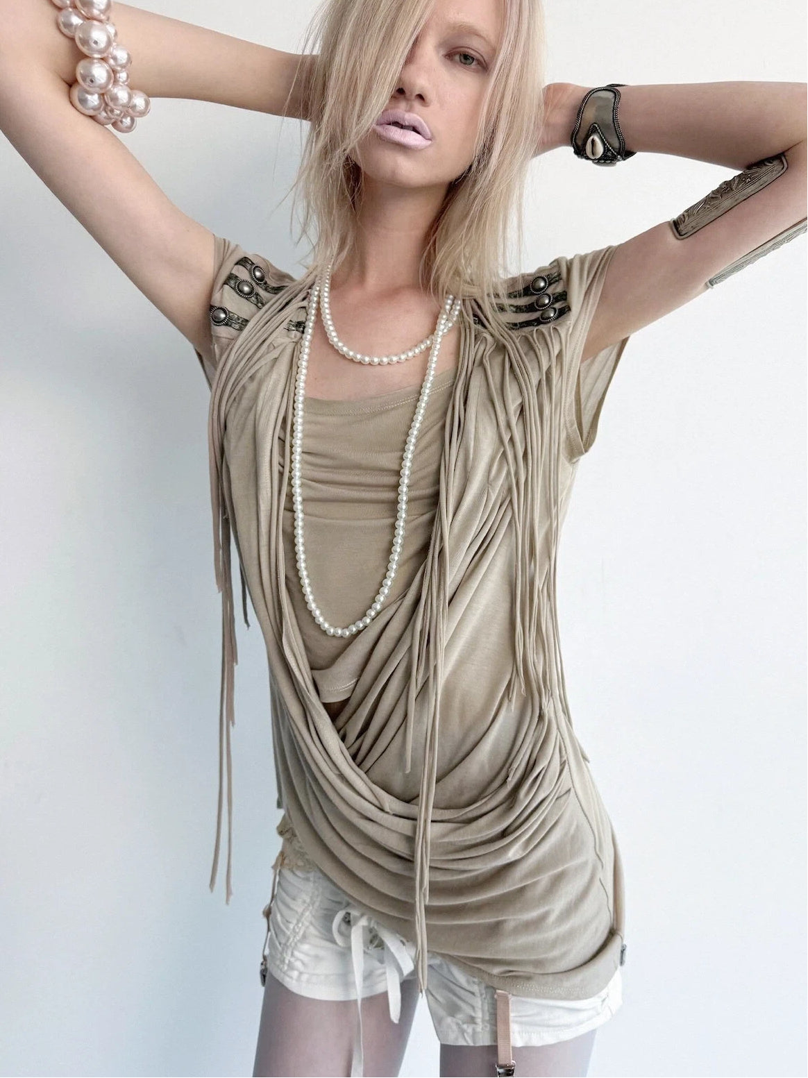 Victory Fringed Draped Top | Beige
