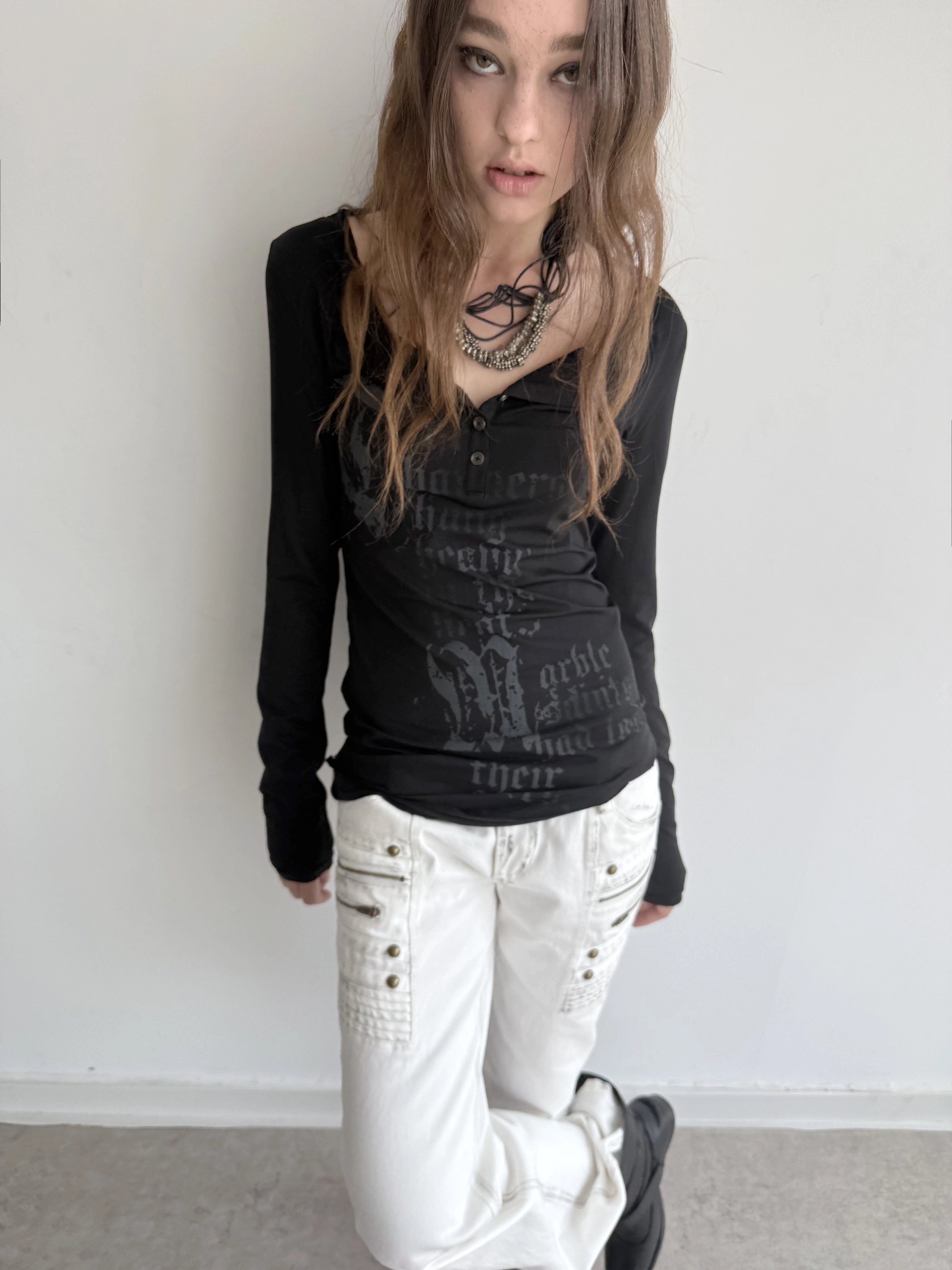 Graphic Henley Top  | Black