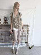 Victory Fringed Draped Top | Beige