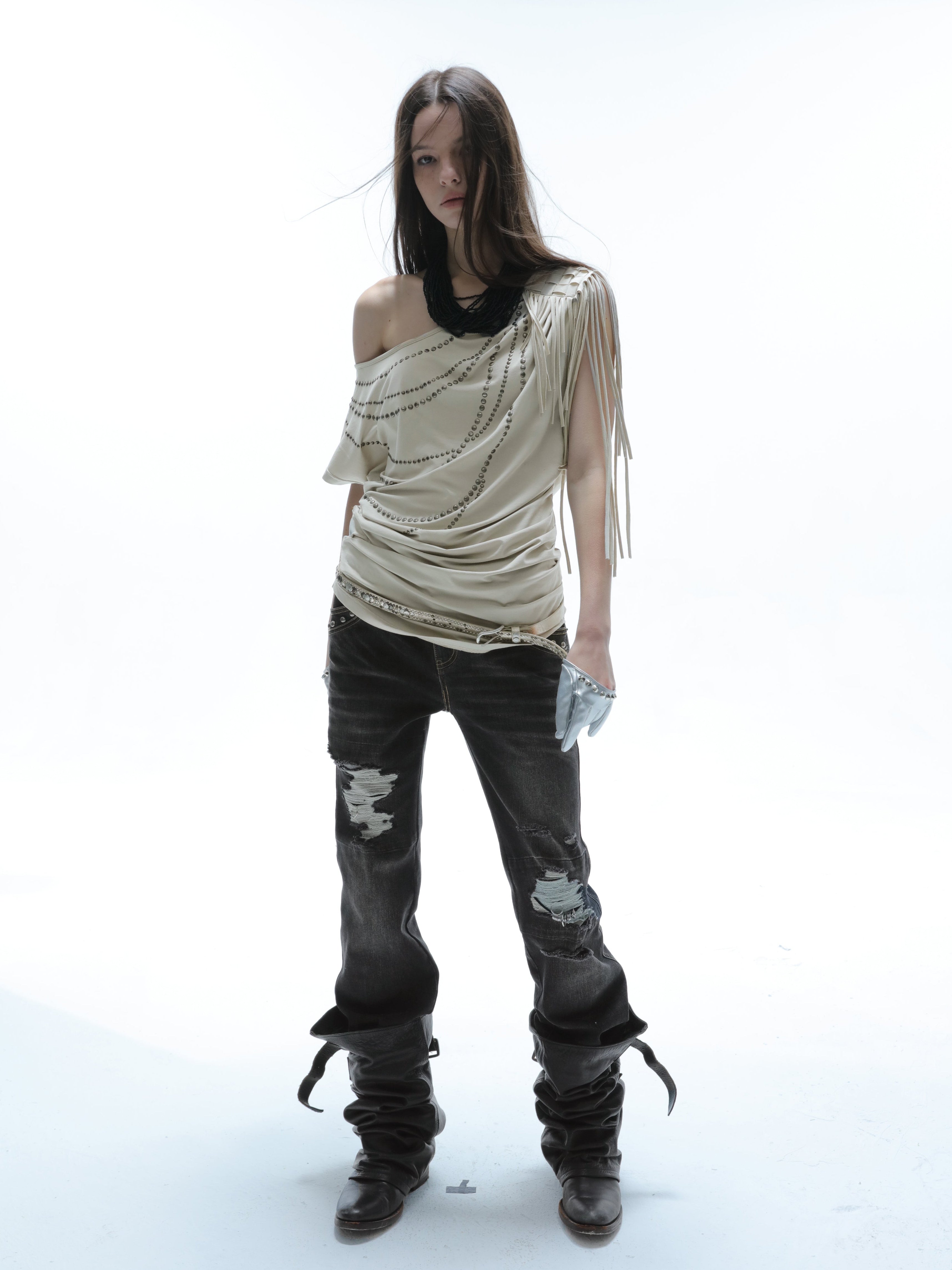 Fringed Slouchy Top | Beige