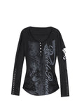 Long sleeve Henley top in ghost black from the Double Punch SS26 'Illusory Glory' collection featuring a distressed graphic print, silver-tone buttons, a cutout sleeve, and studded forearm panels.