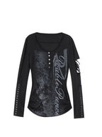 Long sleeve Henley top in ghost black from the Double Punch SS26 'Illusory Glory' collection featuring a distressed graphic print, silver-tone buttons, a cutout sleeve, and studded forearm panels.