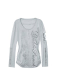 Long sleeve Henley top in mist blue from the Double Punch SS26 'Illusory Glory' collection featuring a distressed graphic print, silver-tone buttons, a cutout sleeve, and studded forearm panels.